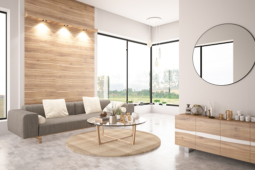 Salon moderne avec mur d'accent en bois
