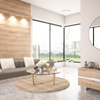 Salon moderne avec mur d'accent en bois