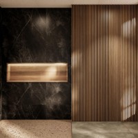 Mur en bois à lattes verticales et revêtement mural effet marbre noir dans un intérieur contemporain lumineux